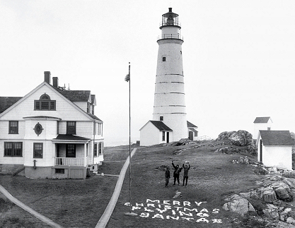 Coast Guard residents at Boston Light send a cheerful season’s greetings to Ed Snow the “Flying Santa” in 1958.